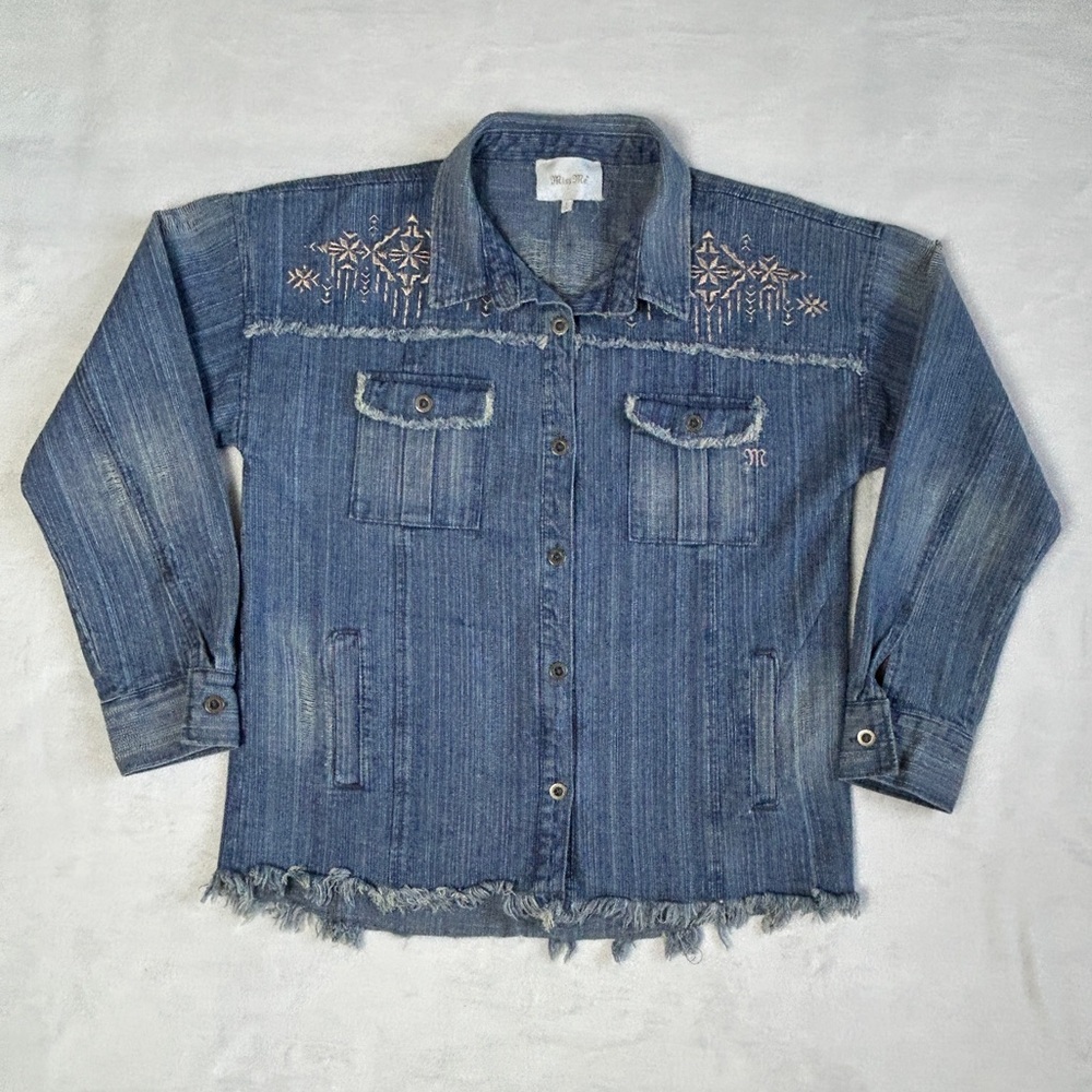 Miss Me Faded Blue Denim Jacket faded hem Embroidery‎